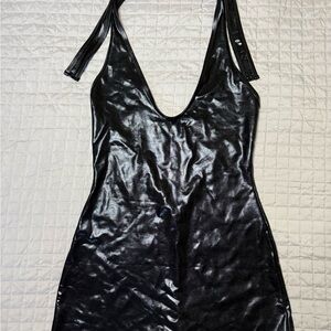 Sleek Black Metallic Halter V-Neck
Short Unitard Jumpsuit